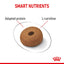 Dog treat with 'Smart Nutrients' text highlighting 'Adapted protein' and 'L-carnitine', with a brand logo at the bottom.