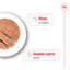 Dog food on a plate with 'Blend of nutrients' and 'Adapted calorie content' text on a white background