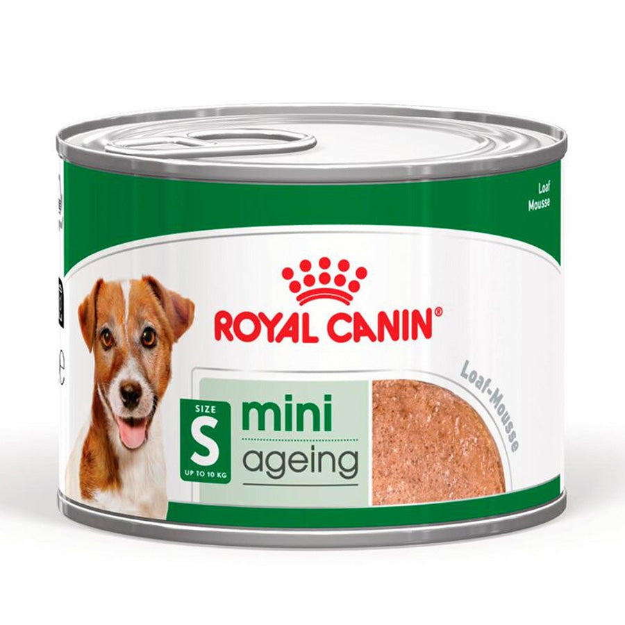 Can of Royal Canin mini ageing dog food on a white background