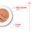 Dog food on a plate with text about highly digestible nutrients and vitamins on a white background