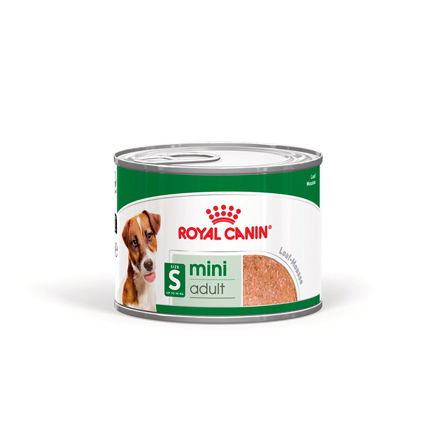 Can of Royal Canin Mini Adult dog food on a white background
