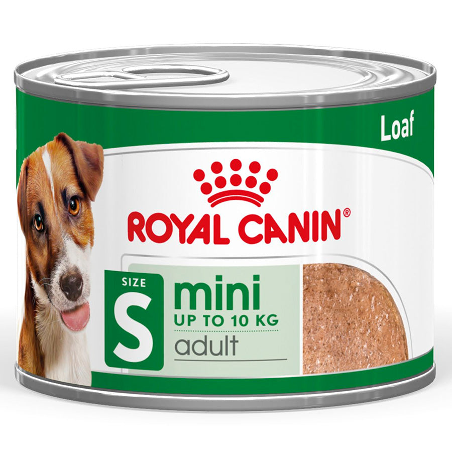 Can of Royal Canin mini adult dog food on a white background