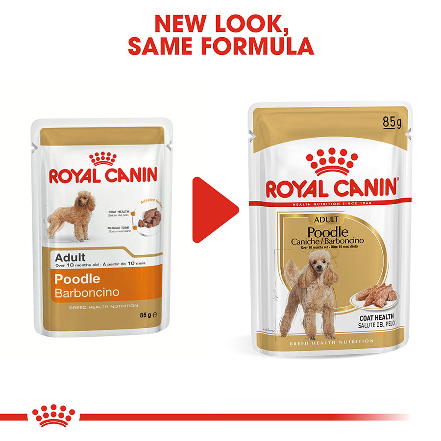 Two packages of Royal Canin Poodle Barbiercinio dog food with a red arrow and text indicating 'New Look, Same Formula'.