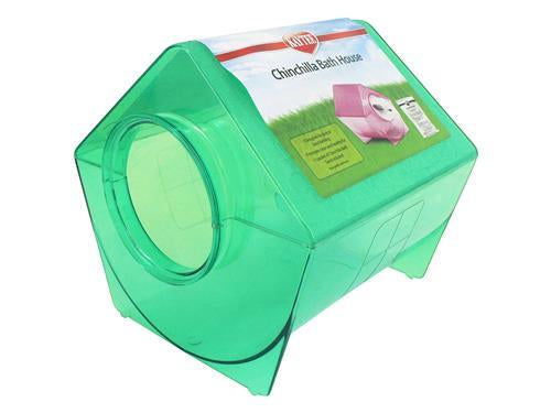 Green plastic chinchilla bath house with packaging on a white background