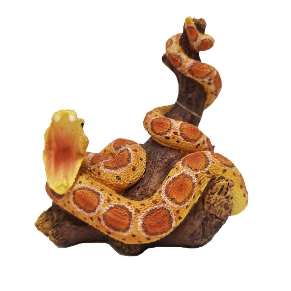 A realistic snake figurine coiled around a branch, featuring a yellow and orange patterned body with a bright yellow and orange open mouth, isolated on a white background.