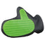 A small pet grooming brush glove with black and green colors, designed with soft rubber teeth and a velcro fastening.