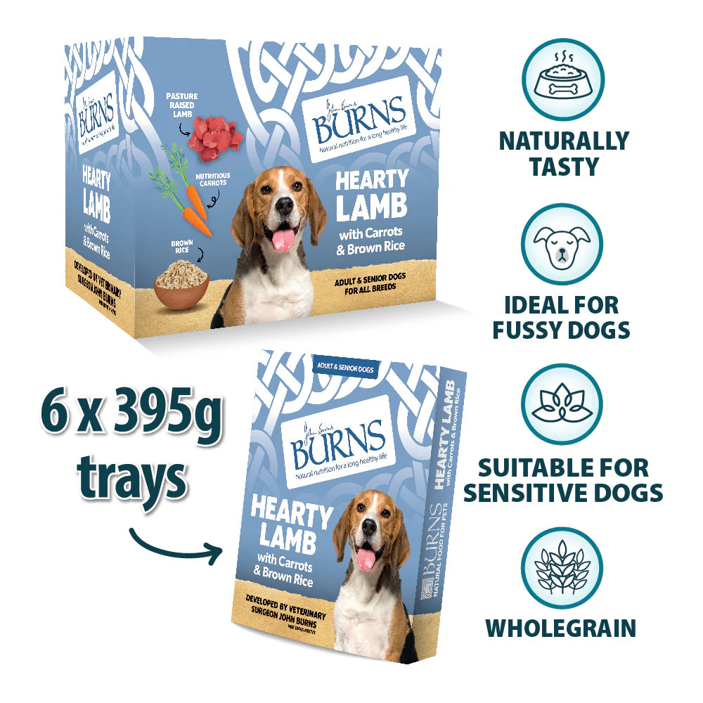 Burns Hearty Lamb dog food packaging with product details on a white background