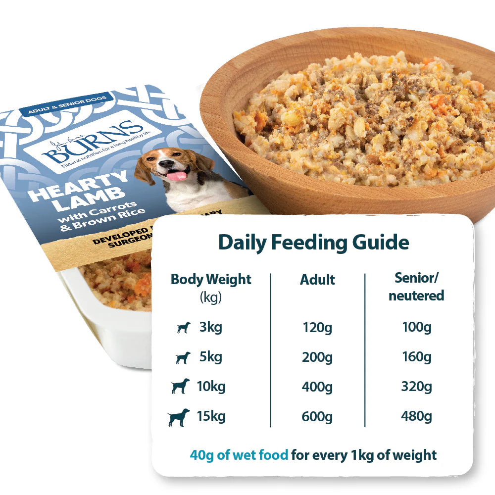 Burns Hearty Lamb dog food packaging with a bowl of food and feeding guide on a white background