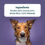 Dog with a label showing ingredients on a purple background