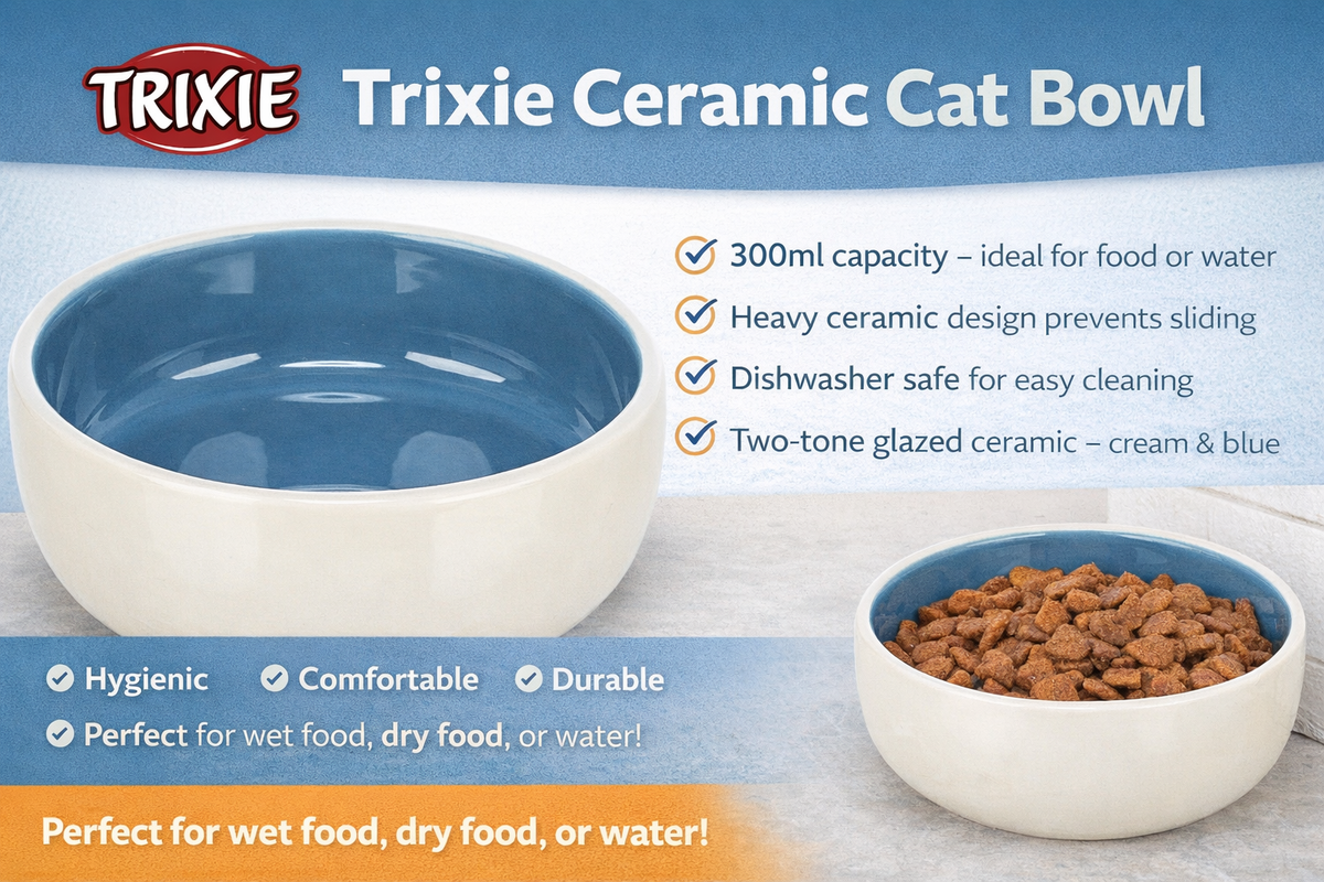Trixie ceramic cat bowl with product features listed on a blue background