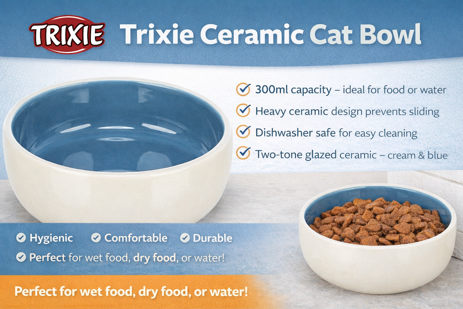 Trixie ceramic cat bowl with product features listed on a blue background