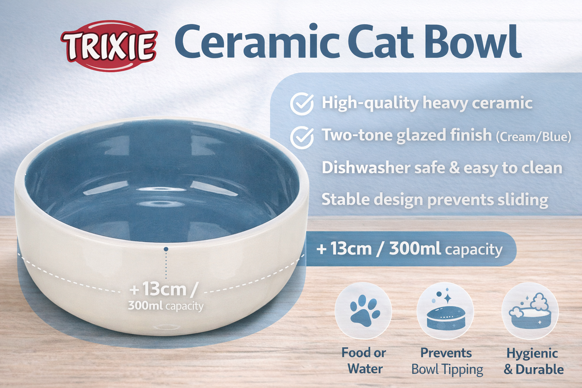 Trixie ceramic cat bowl with features listed on a wooden surface