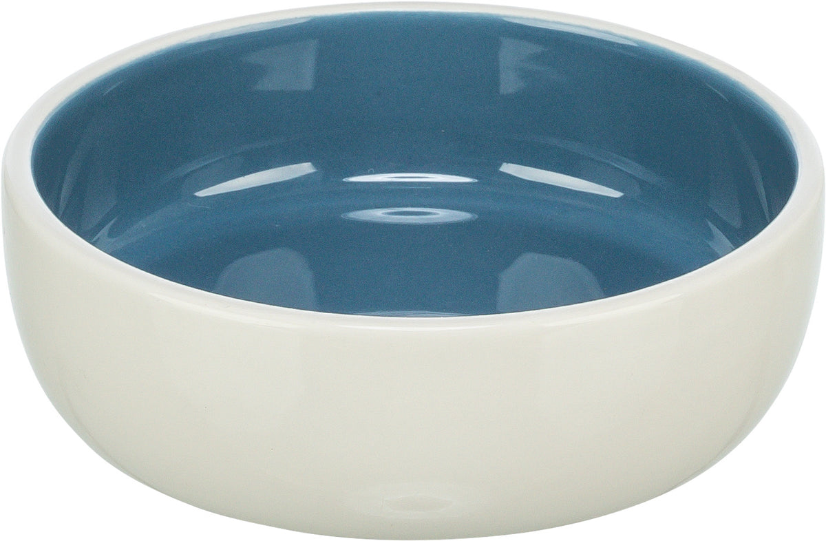 Two-tone blue and white ceramic bowl on a white background