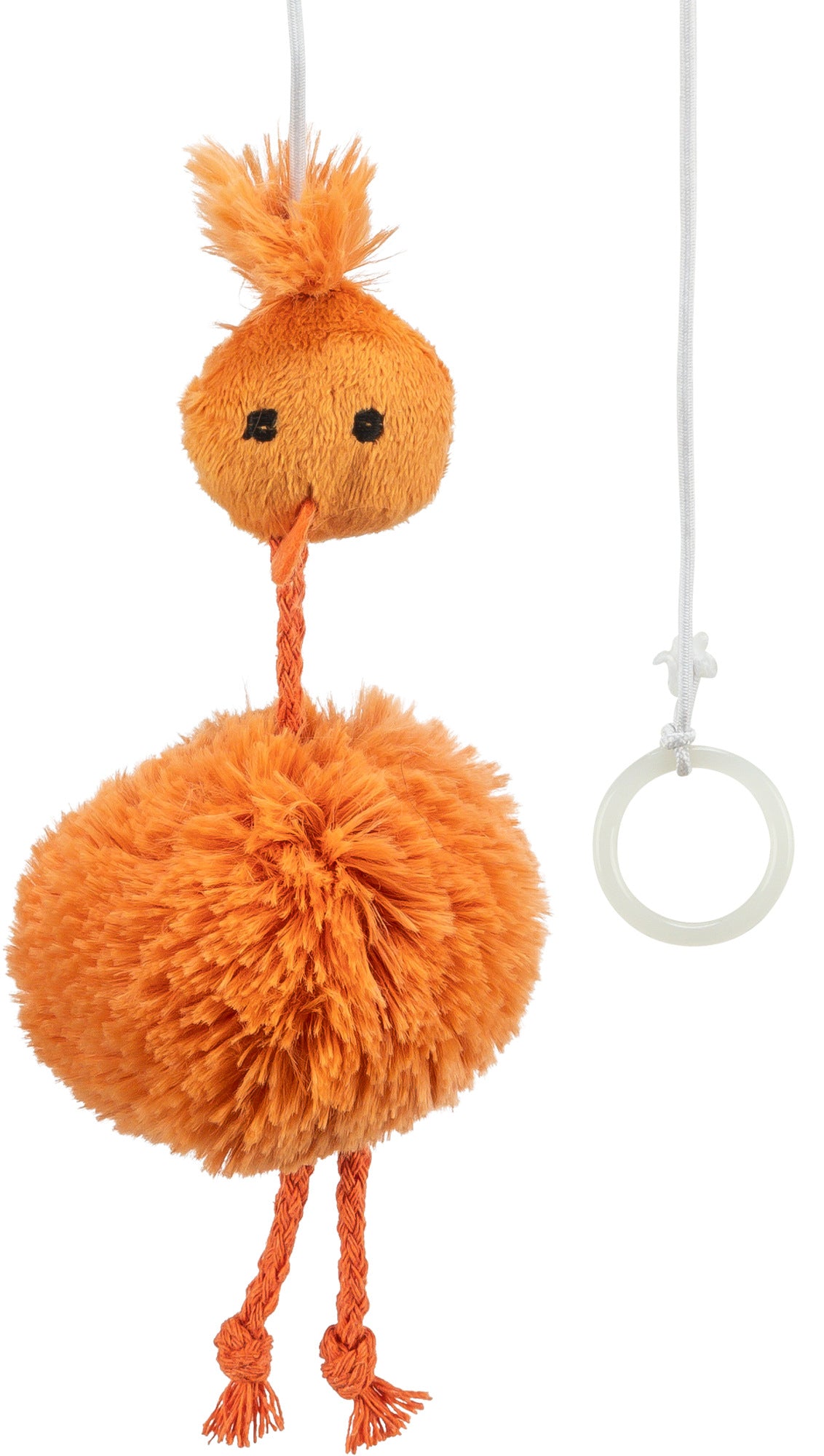 Orange plush toy with pom-pom details on a white background
