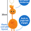 Orange plush chicken toy with jingle bell, labeled features on a white background