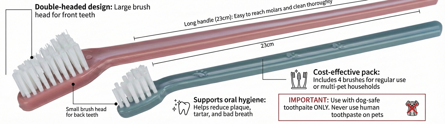 Trixie | Dog & Cat Toothbrush | Double Headed Long Brush - Pack of 4