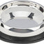 Stainless steel dog bowl with black rubber base on a white background