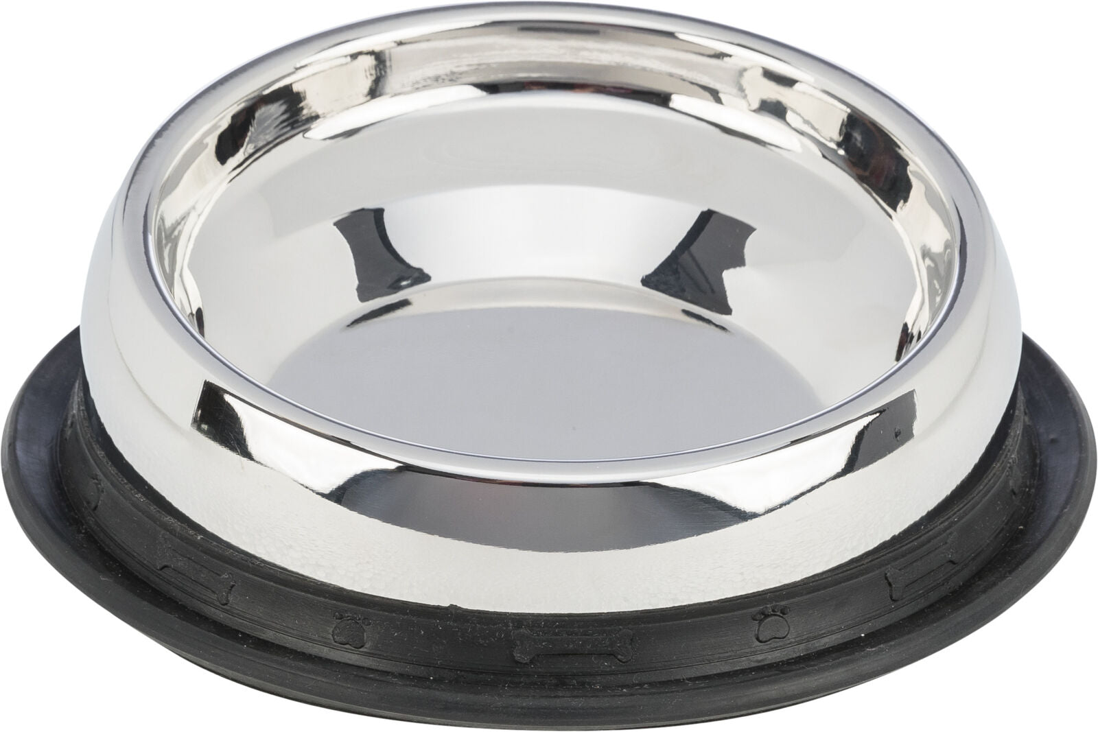 Stainless steel dog bowl with black rubber base on a white background
