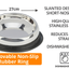 Stainless steel dog bowl with features listed on a white background