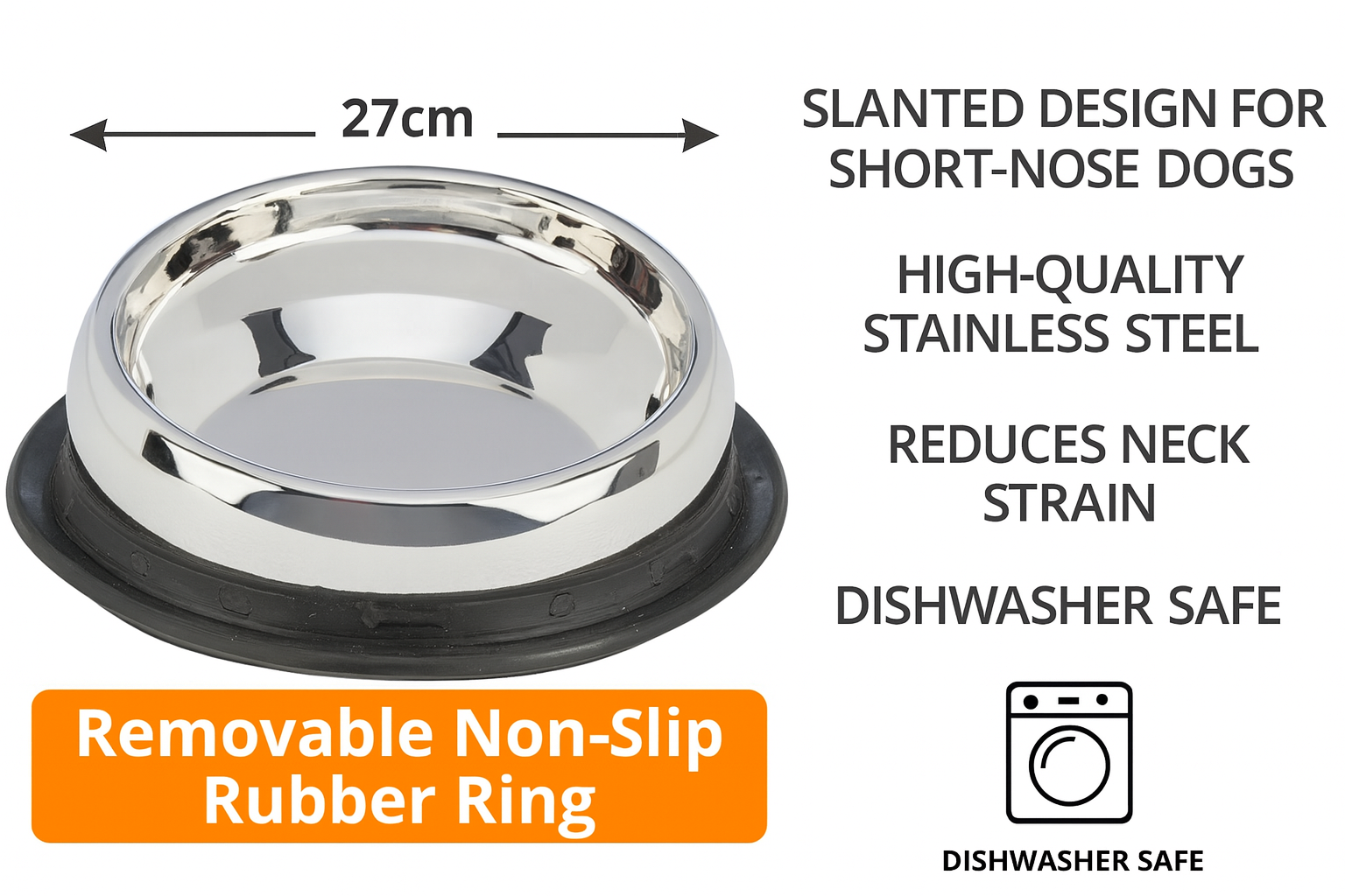 Stainless steel dog bowl with features listed on a white background