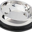 Stainless steel bowl with black rubber base on a white background