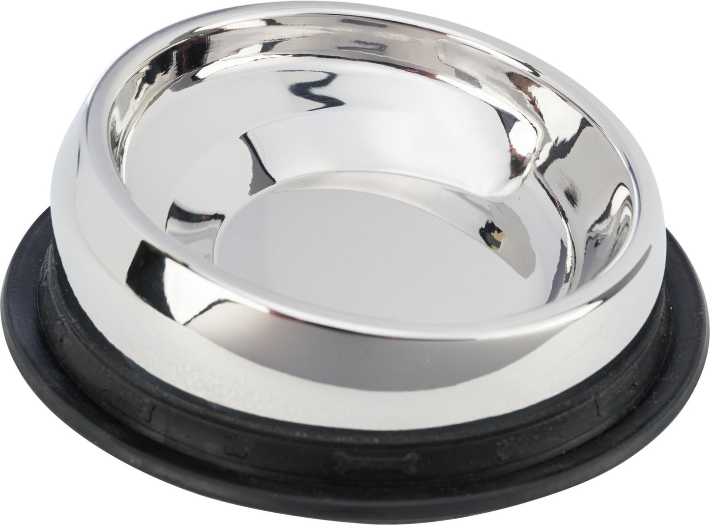 Stainless steel bowl with black rubber base on a white background