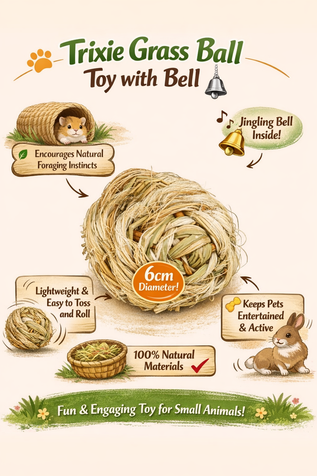 Trixie | Small Pet Toy | Grass Ball with Bell - 6cm