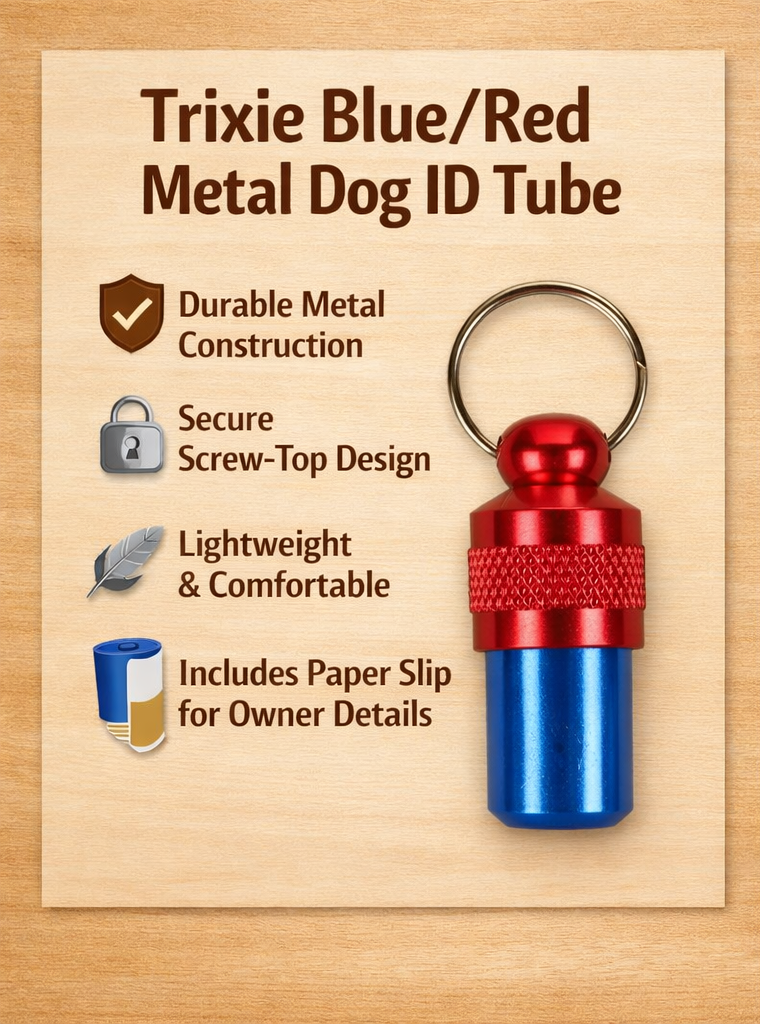 Trixie | ID Tag | Blue & Red Metal Design | Dog & Cat Identification Tag with Write On Contact Slip