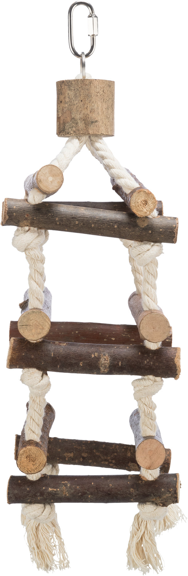 A small wooden and rope climbing toy with natural wood logs, white twisted rope, and a metal hanging clip, shown on a plain white background.