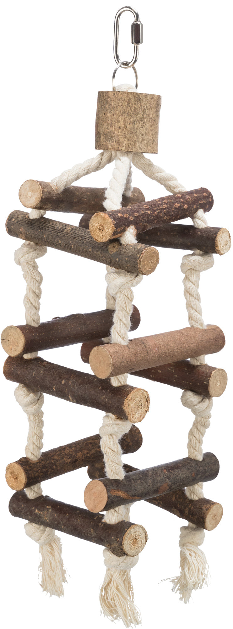 Wooden bird perch with rope and metal hook on a white background