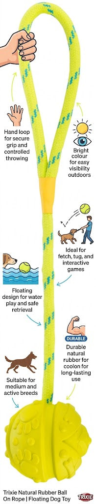 Trixie | Natural Rubber Ball On Rope | Floating Dog Toy