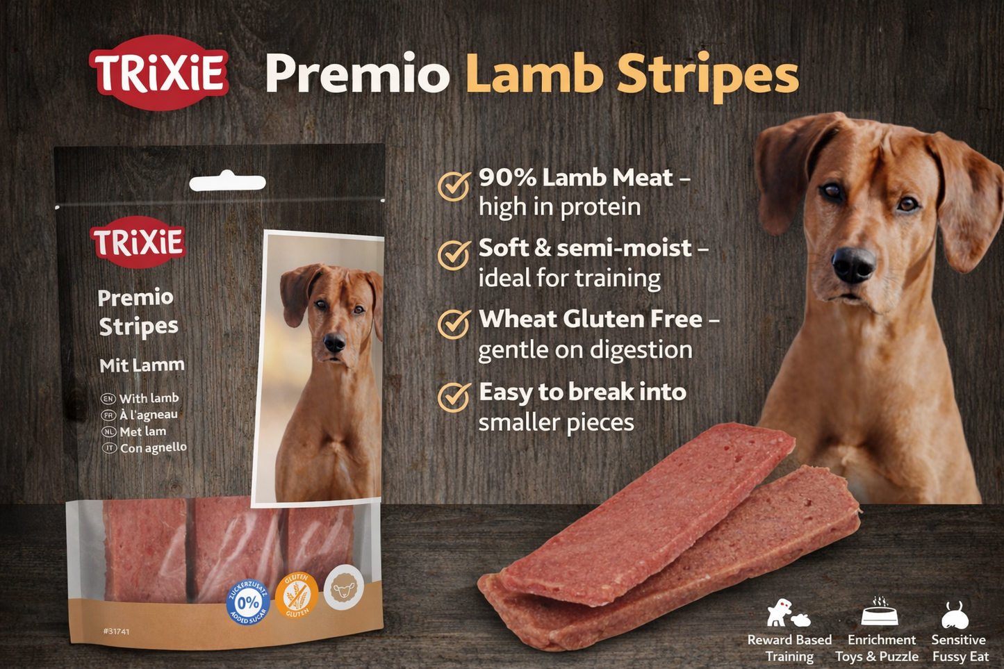 Premio Lamb Stripes Natural Meaty Gluten Free Dog Treats by Trixie - 100g