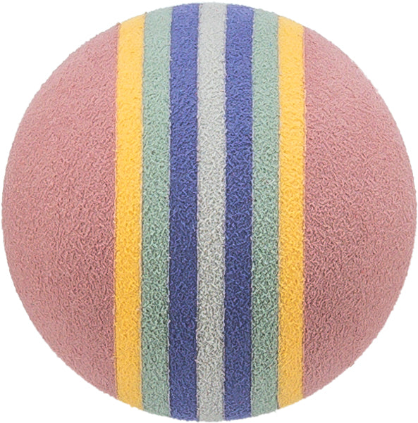 Pink ball with multicolored stripes on a white background