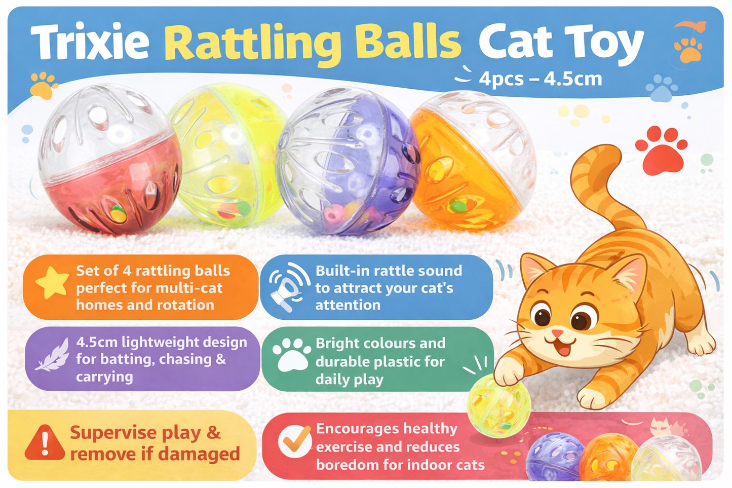 Trixie | Lightweight, Rattling Enrichment Balls Cat Toy | 4.5cm | 4pcs