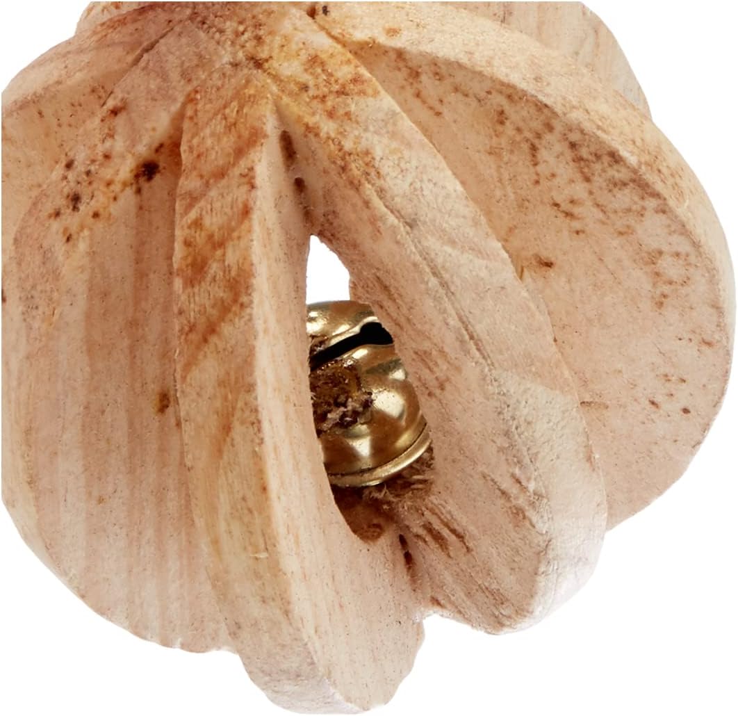 Wooden small pet toy with a gold bell interior on a white background