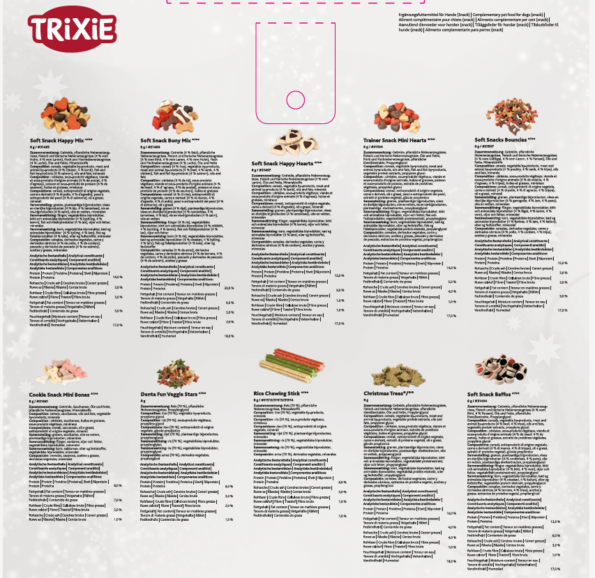 Product catalog for Trixie advent calendar for dogs with images and descriptions of various products.