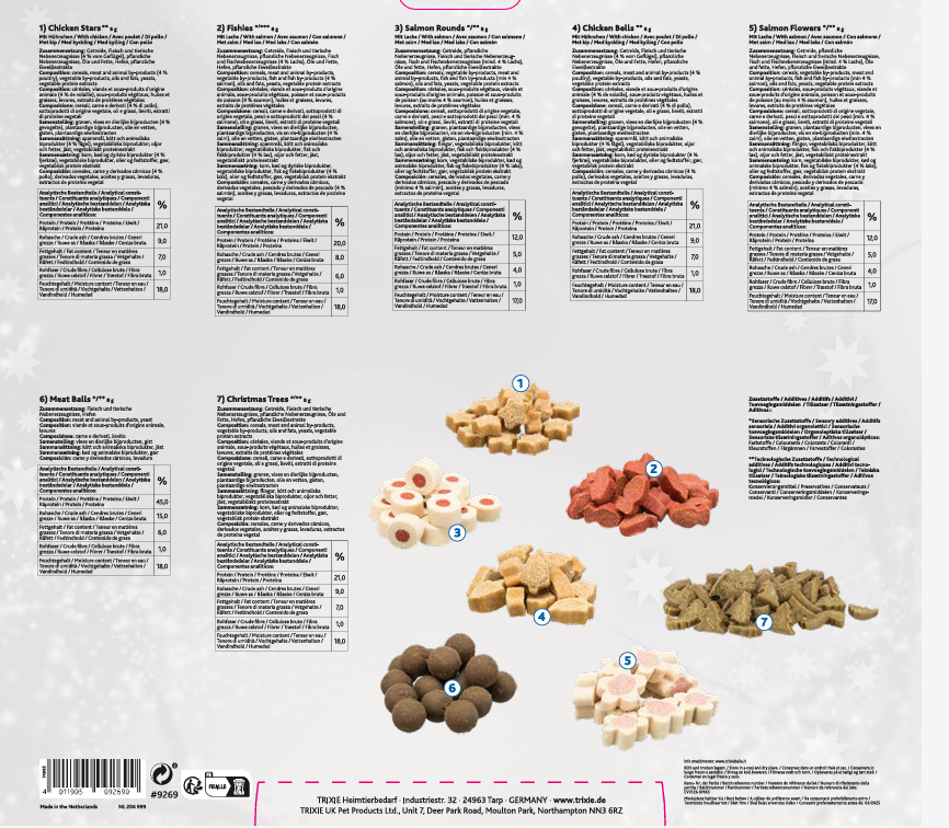 Product label with images of cat treat products and text on a white background