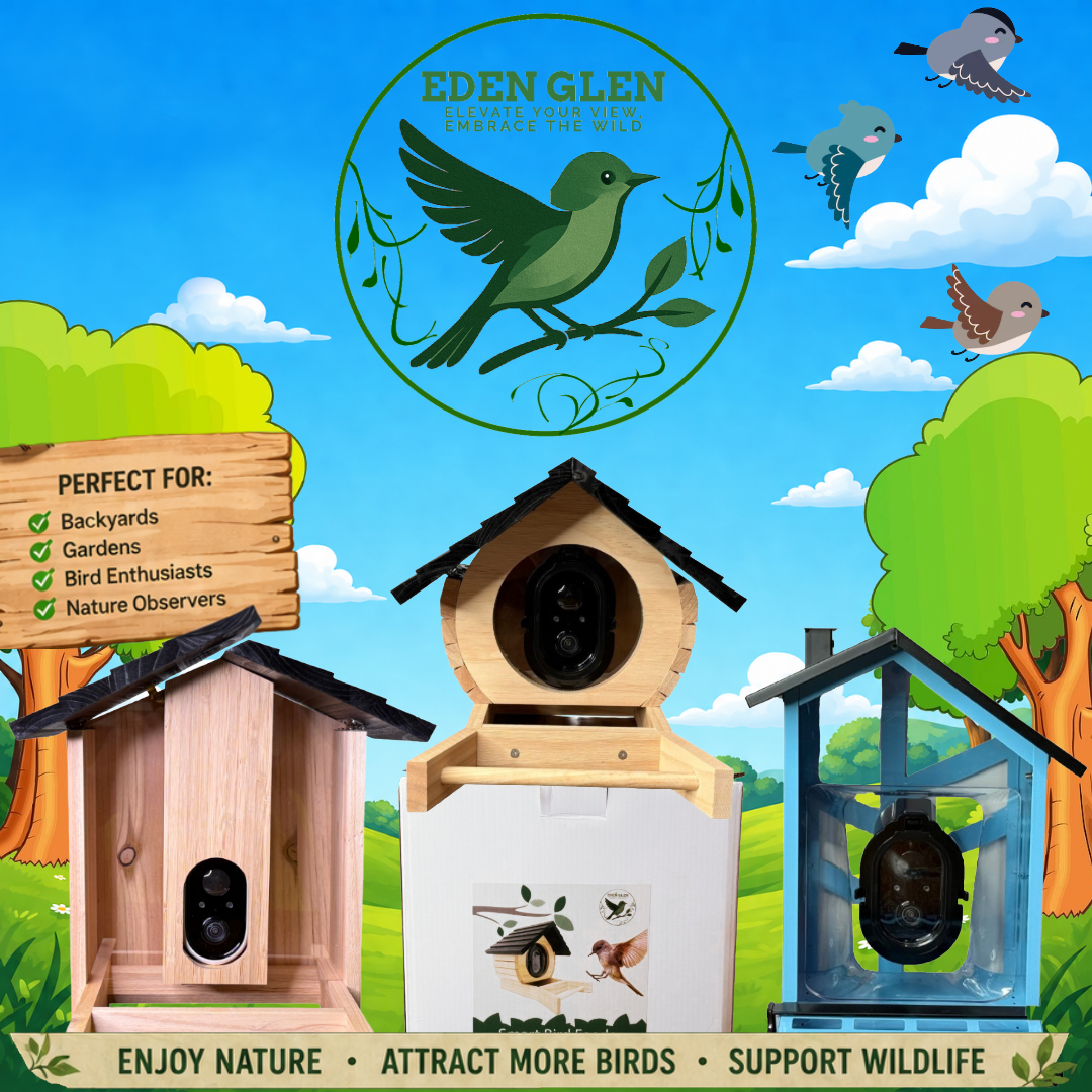 Bird feeders with Eden Glen logo and promotional text against a blue sky with clouds and trees.