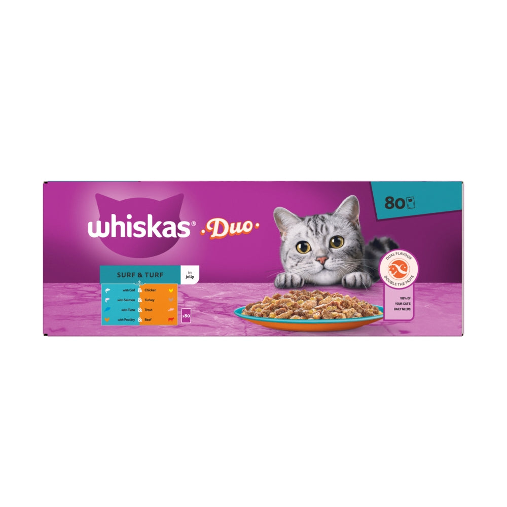 WHISKAS | Adult Wet Cat Food Pouches | Duo Surf & Turf In Jelly - 80 x 85g
