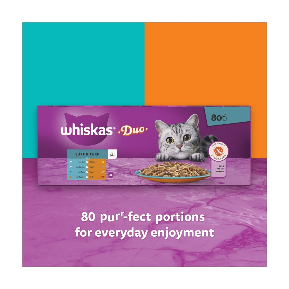 WHISKAS | Adult Wet Cat Food Pouches | Duo Surf & Turf In Jelly - 80 x 85g