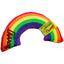 A multicolored cat toy shaped like a rainbow with a label that reads 'Yeowwww.com'.