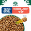 A package graphic for a cat food product showing brown kibble pieces in a bowl, a scoop of kibble, and a round sample piece with a yellow measurement overlay reading 11 mm. Text on the package says HIGH PROTEIN ADULT CAT | 1-7 YEARS and MADE WITH CHICKEN AND TURKEY.