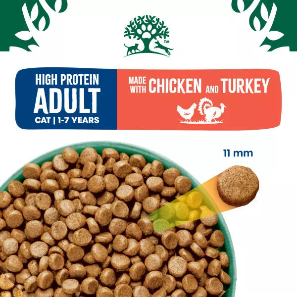 A package graphic for a cat food product showing brown kibble pieces in a bowl, a scoop of kibble, and a round sample piece with a yellow measurement overlay reading 11 mm. Text on the package says HIGH PROTEIN ADULT CAT | 1-7 YEARS and MADE WITH CHICKEN AND TURKEY.