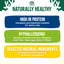 A promotional graphic for Naturally Healthy cat food featuring three colored banners with text: a dark blue banner for high protein nutrition, a green banner for hypoallergenic recipes, and a yellow banner for selected natural ingredients, on a white background with the Naturally Healthy logo at the top.
