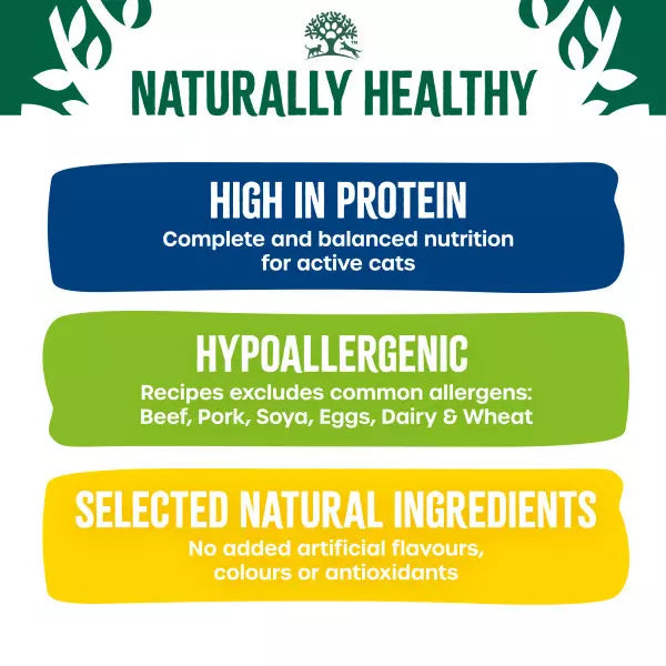 A promotional graphic for Naturally Healthy cat food featuring three colored banners with text: a dark blue banner for high protein nutrition, a green banner for hypoallergenic recipes, and a yellow banner for selected natural ingredients, on a white background with the Naturally Healthy logo at the top.