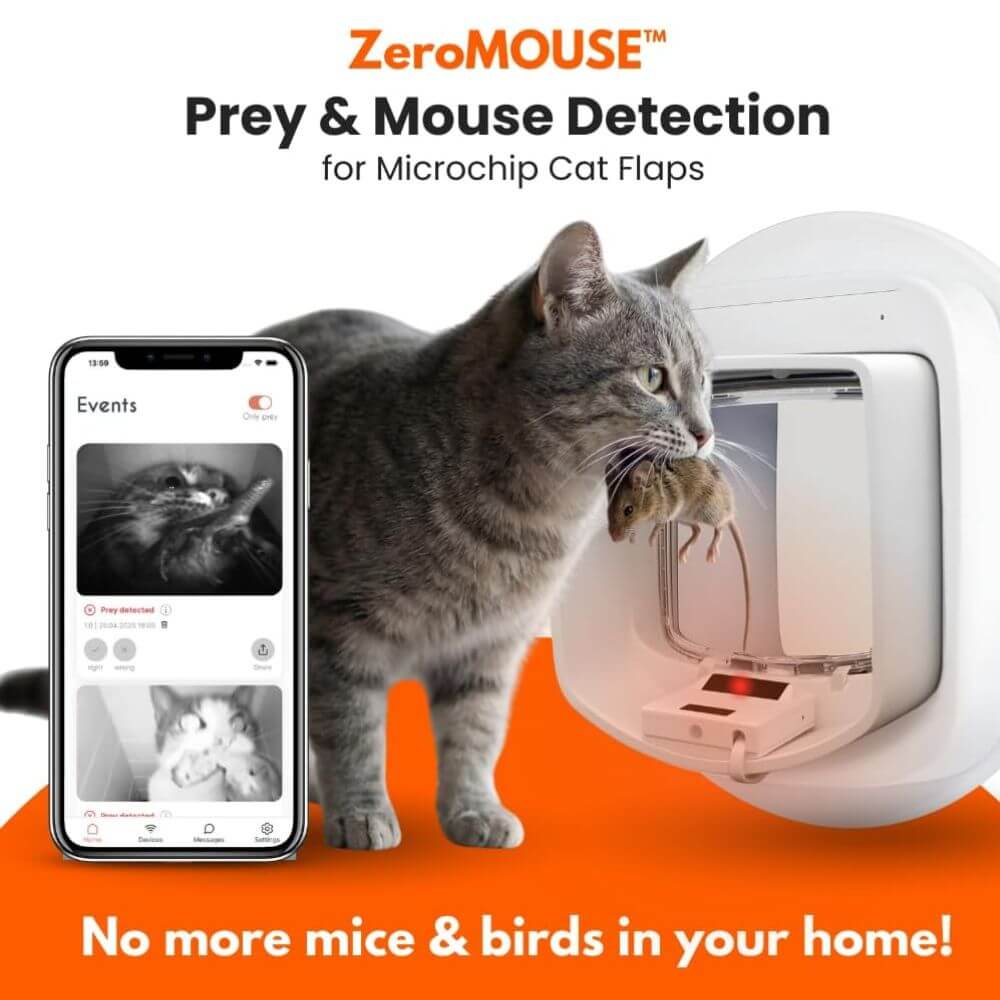 A gray tabby cat stands beside a white ZeroMouse microchip cat flap, holding a mouse in its mouth. A smartphone screen on the left shows event logs. It is an advertisement for a cat flap with ai that detects prey and prevents unwanted wildlife from entering. 