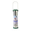 A tall cylindrical hanging bird feeder with a perforated metal body, green top and bottom caps, and a wire handle, shown on a plain white background. The front label reads 'Pebble All Weather Large Intertwined Feeder'.