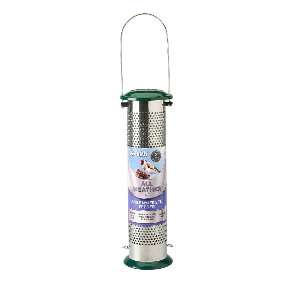 A tall cylindrical hanging bird feeder with a perforated metal body, green top and bottom caps, and a wire handle, shown on a plain white background. The front label reads 'Pebble All Weather Large Intertwined Feeder'.
