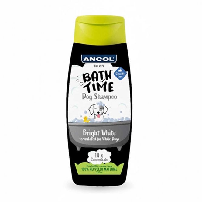 Ancol Bath Time Dog Shampoo bottle for white dogs on a white background