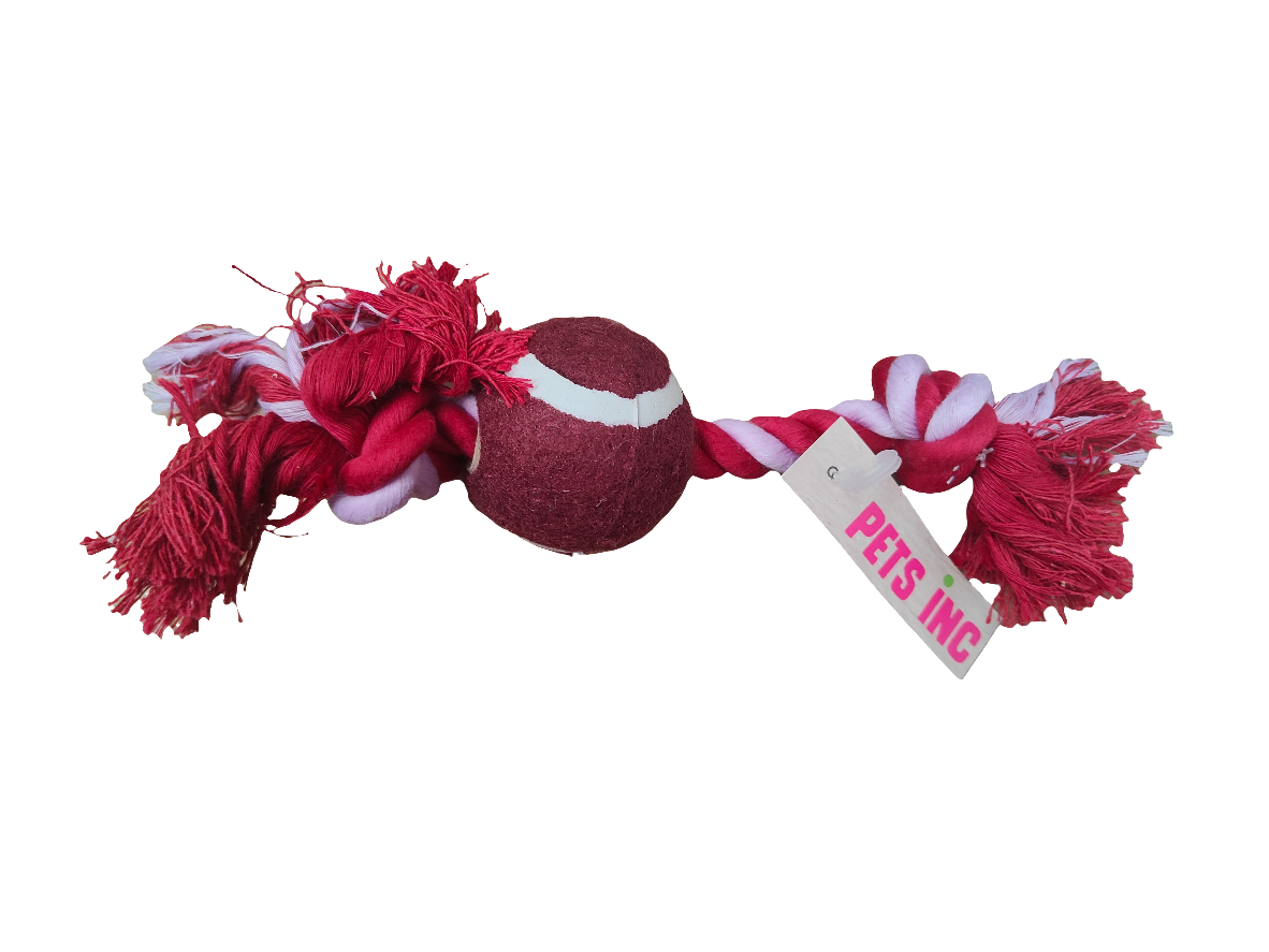 Dog toy with red ball and rope on a white background, branded 'Pets Inc'.